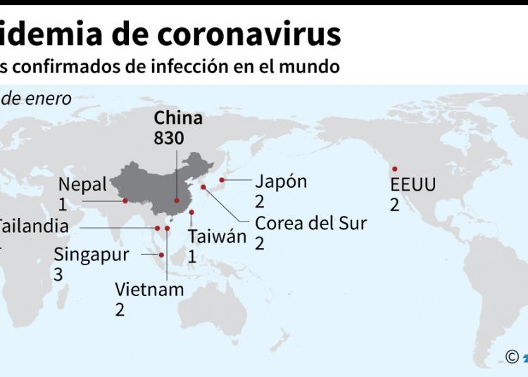 Mapa del mundo que destaca los países y territorios que registran casos confirmados de coronavirus AFP