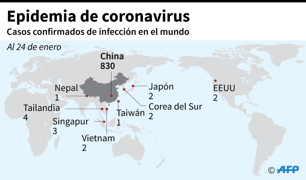 Mapa del mundo que destaca los países y territorios que registran casos confirmados de coronavirus AFP