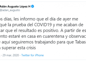 Gobernador de Tabasco da positivo a Coronavirus