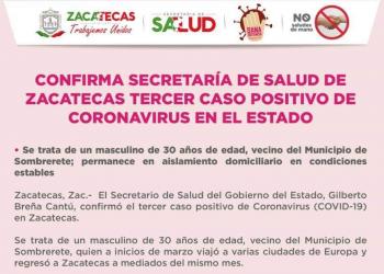 Confirman tercer caso de Covid-19 en Zacatecas