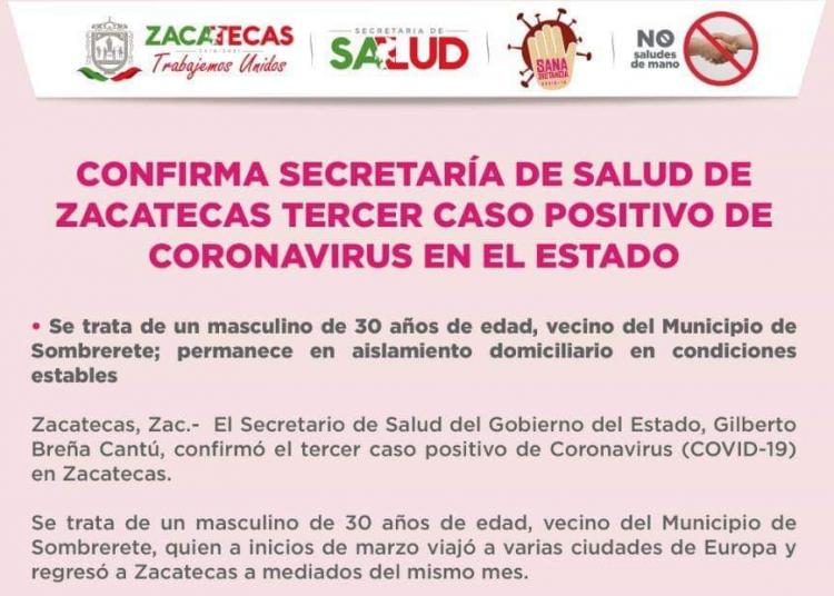 Confirman tercer caso de Covid-19 en Zacatecas