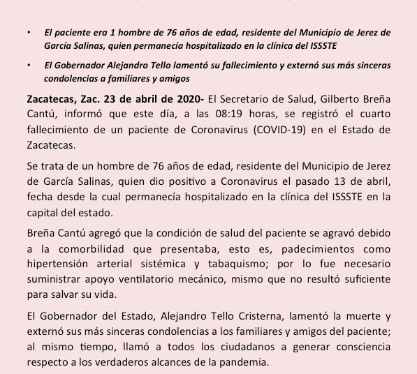 Reportan cuarto fallecimiento por Coronavirus en Zacatecas