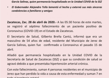 Fallece séptimo paciente de Covid-19 en Zacatecas