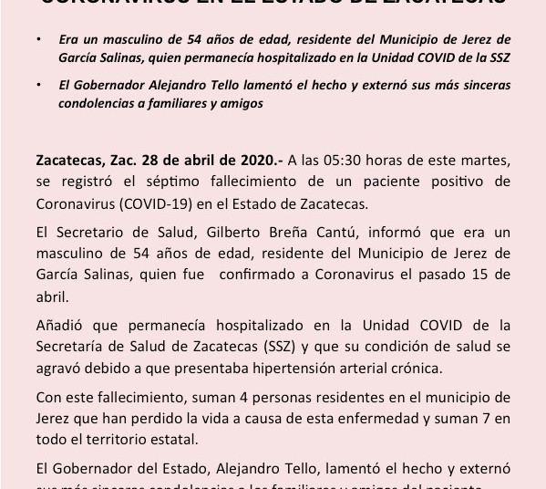 Fallece séptimo paciente de Covid-19 en Zacatecas