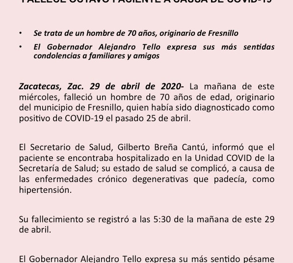 Fallece octavo paciente a causa de COVID-19