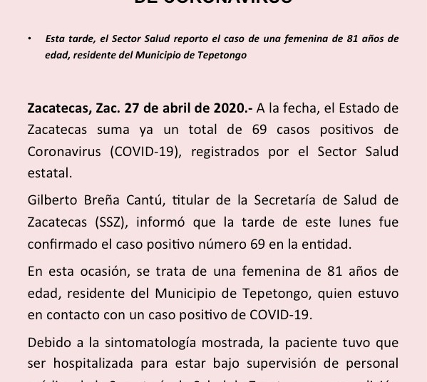 reporte sobre Coronavirus (COVID-19)