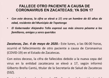 Fallece otro paciente a causa de Covid-19 en Zacatecas; ya son 17