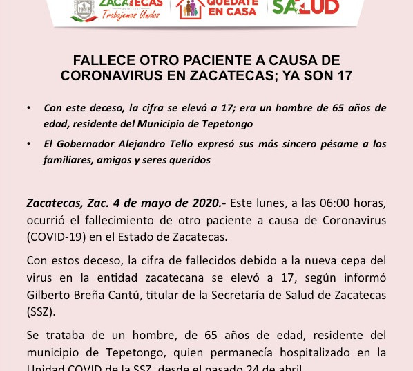 Fallece otro paciente a causa de Covid-19 en Zacatecas; ya son 17