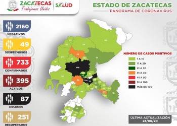 Registra Zacatecas 21 casos nuevos de Covid-19: suman 733 casos y 87 muertes