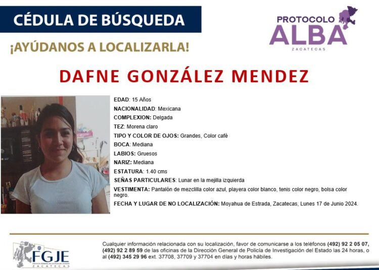 Alcalde de Moyahua convoca a la búsqueda de Dafne; desapareció el 15 de junio