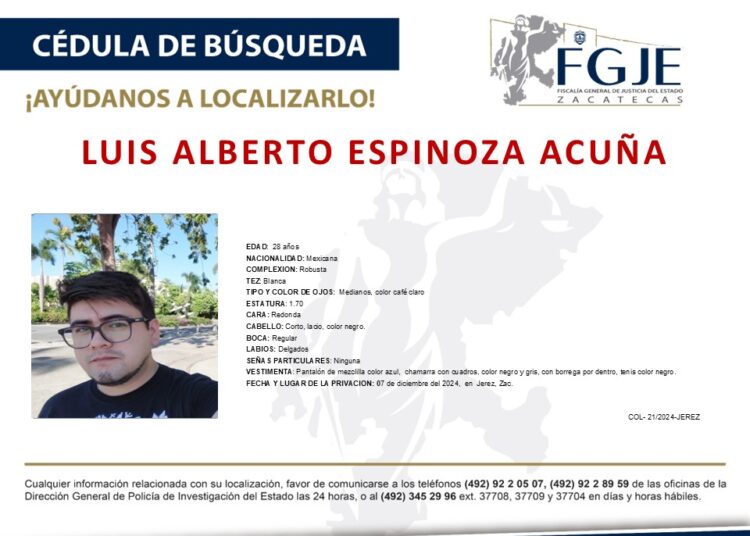 “Desaparecen” siete personas en Jerez en un día; buscan a Luis Alberto Espinoza