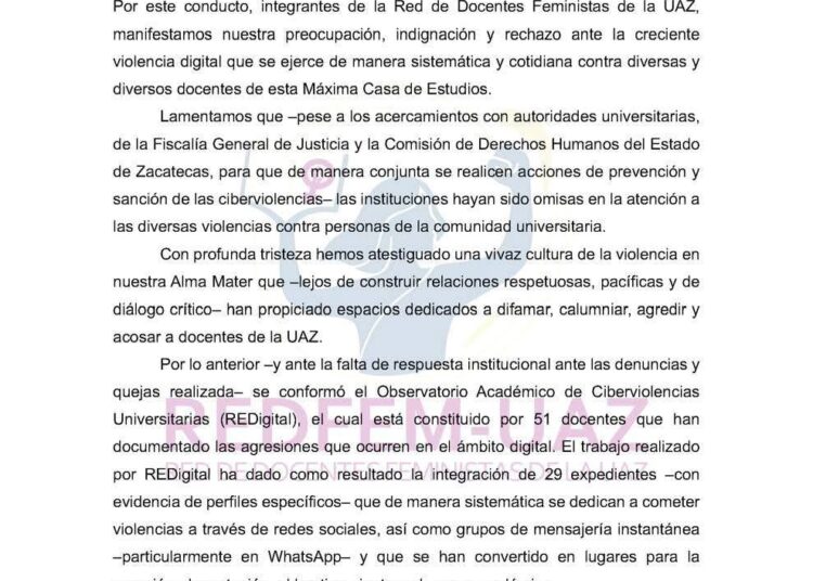 Feministas universitarias exigen el cierre del chat “Docentes UAZ” por ejercer violencia digital