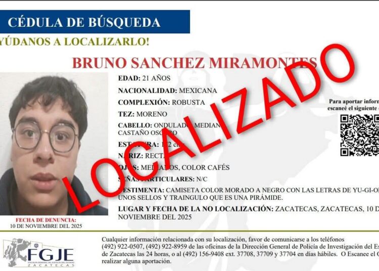 Encuentran con vida a Bruno Sánchez Miramontes